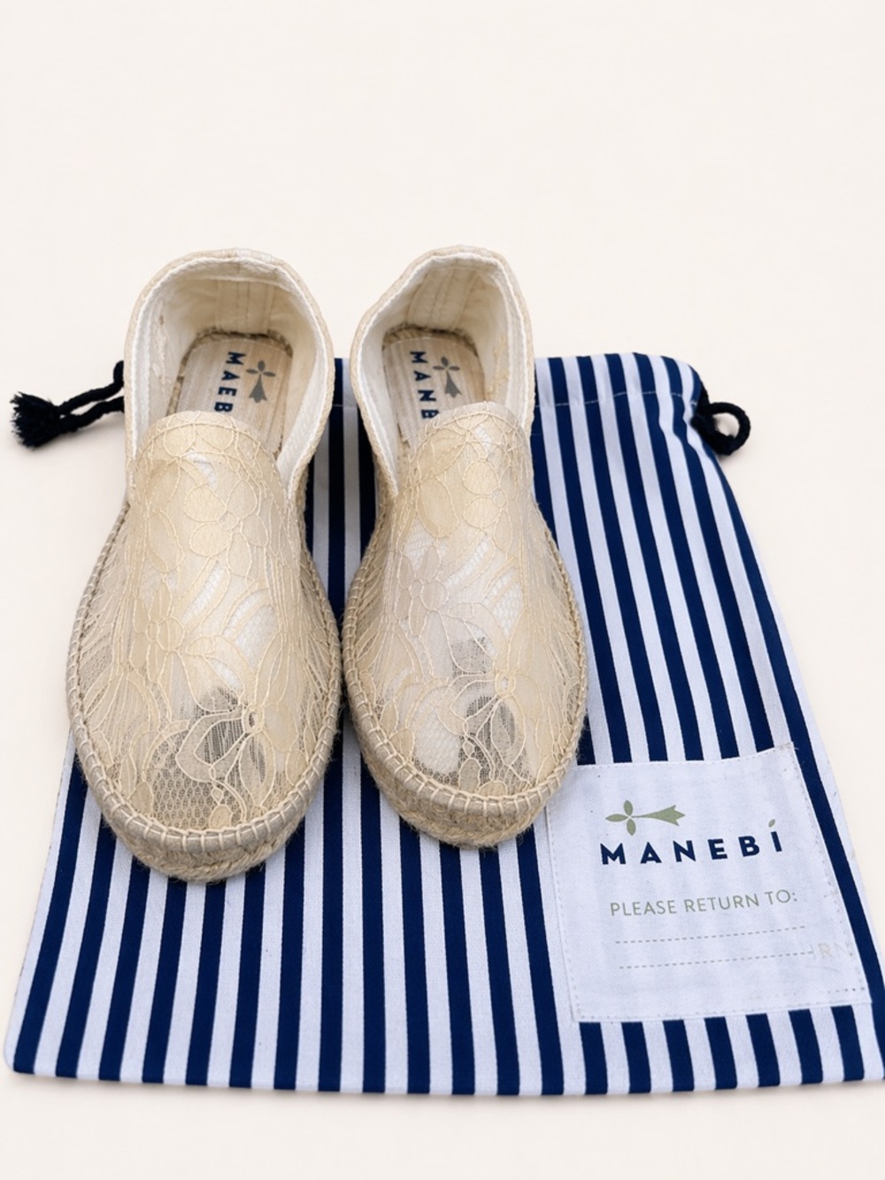 Manebí Lace Espadrilles Cream Sheer Slip On Shoes Size 38 Spain US 8